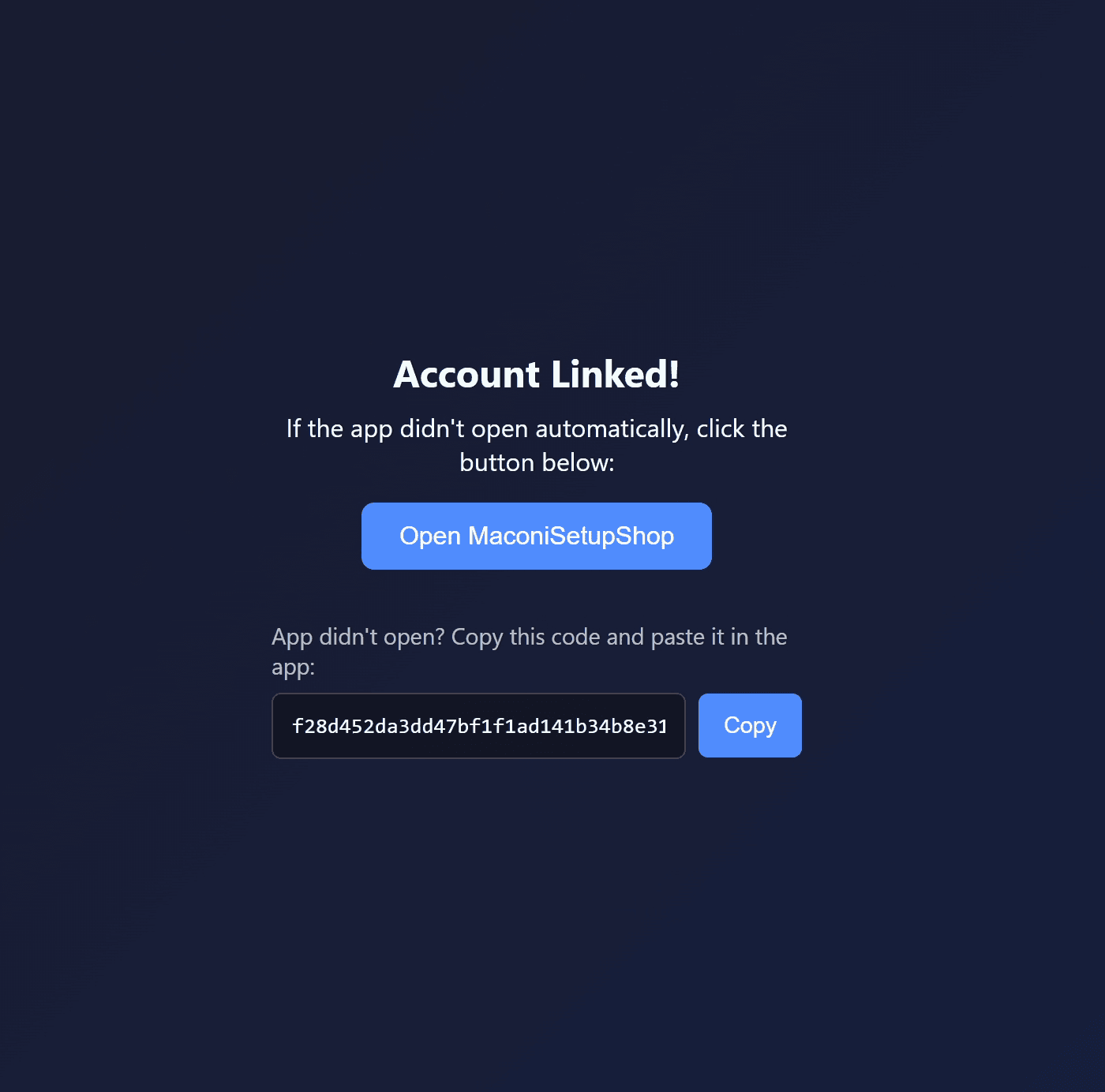 MaconiSetupShop account linked confirmation